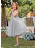 Cute Gray Lace Tulle Tea Length Flower Girl Dress